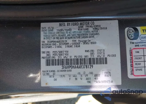 2010 Ford Fusion Se from USA, damaged, VIN 3FAHP0HA4AR378129